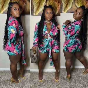 Tropical Print Tie-Front Short Set